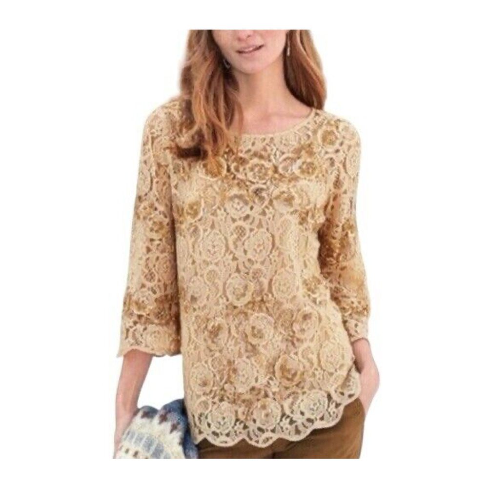 SUNDANCE "Moon Flower" Size Small Gold Beaded Sequin Lined Semi-Sheer Lace Top